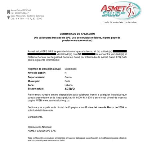 certificado de asmet salud|Oficina Virtual 